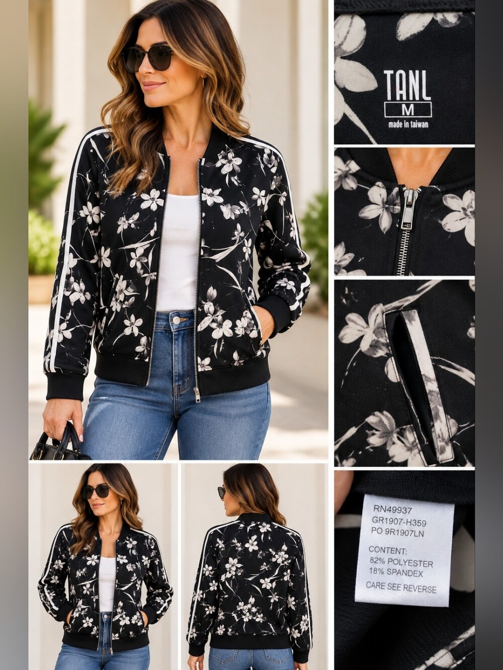 TAIL Floral Bomber Jacket Size Medium Black White Orchid Print NWT